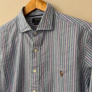 Polo Ralph Lauren Mens Large Luxury Oxford Blue Striped Button Down Shirt Pony